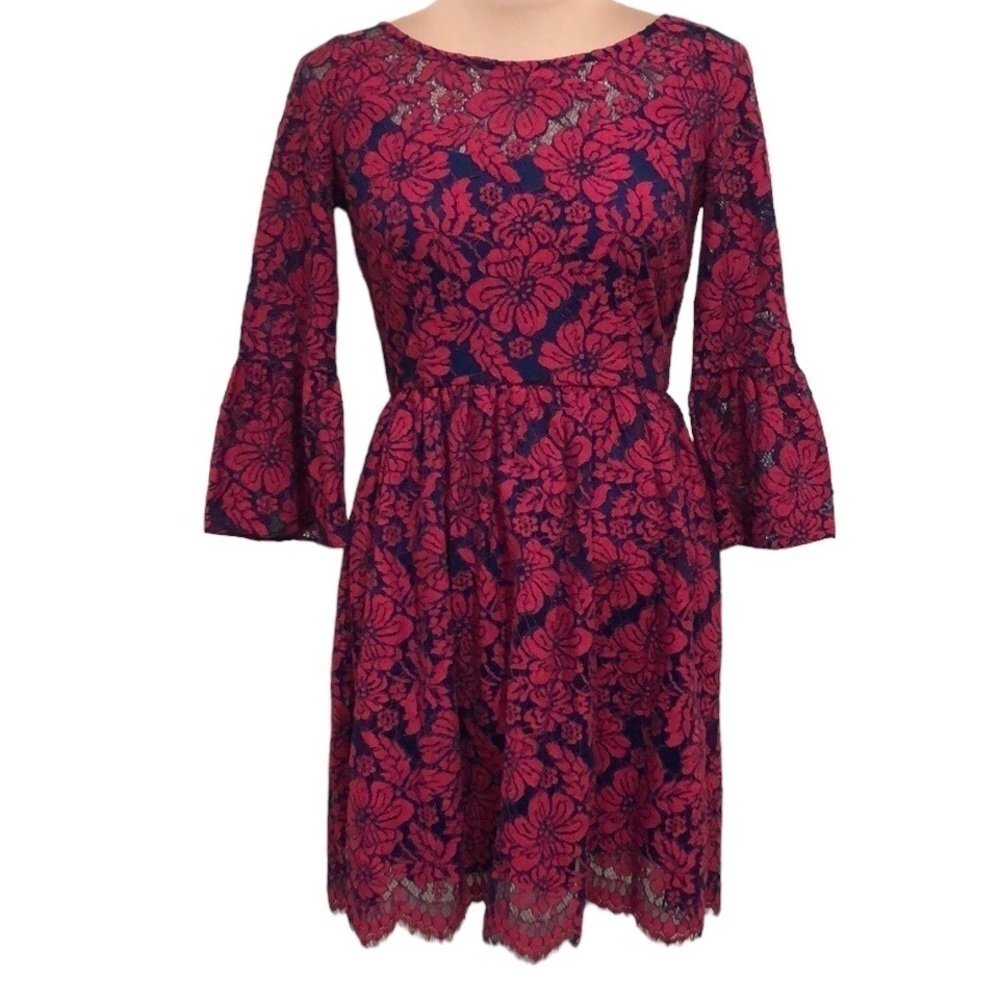 Anthropologie Tracy Reese Tava Dress Size 0 Red Blue Floral Lace Bell Sleeve